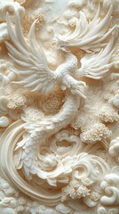 Intricate white phoenix carving in relief, surrounded by floral and cloud motifs.
