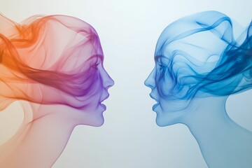 Fototapeta premium Two faces opposite each other, sheer colored line art.