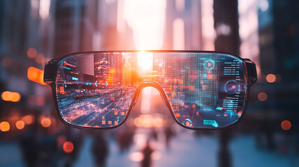 Close-up of augmented reality glasses, overlaying a vibrant urban cityscape view with digital data streams