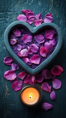 Heart-shaped bowl filled with purple rose petals and a lit candle.