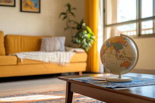 school globe is on the table. A point on the world map. Global network planet Earth. 3D rendering. studying geography at school or college. continents and countries