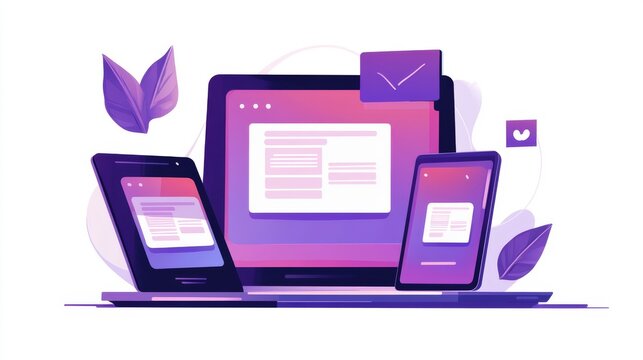 Web development, coding and programming responsive layout internet site or app of devices. Creation digital Software mobile, desktop platforms. Computer code on laptop, tablet, phone. Concept banner.