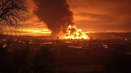 Massive Fire Engulfs Industrial Area at Sunset