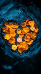 Romantic heart-shaped arrangement with orange petals and candles.