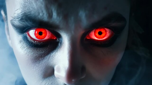 A man with red eyes and a demonic look on his face is surrounded by a thick fog. The smoke and fog create a sense of mystery and unease