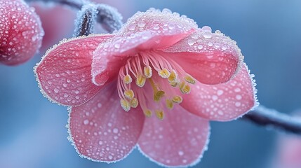 Close-up of a frost-covered pink flower with water droplets.