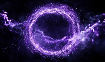 Purple glowing energy forms circular shape on black.