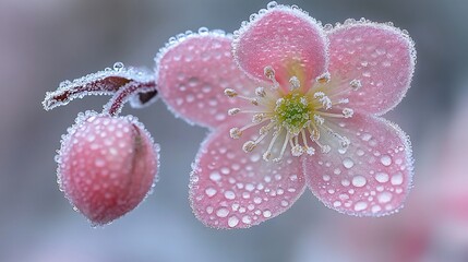 Delicate pink flower blossom covered in frost and dew drops.