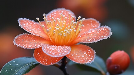 Dew-kissed orange flower with frost.
