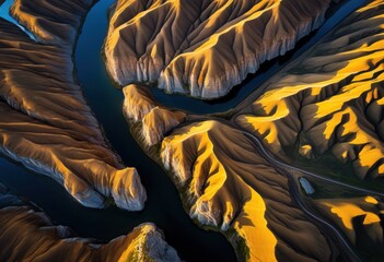 Obraz premium breathtaking aerial showcasing erosion nature reserves diverse landscapes striking patterns, view, stunning, environment, terrain, shape, colors, hills