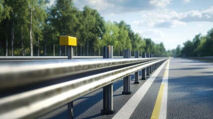 A metal barrier lines the roadside, providing essential protection against vehicle accidents and enhancing safety on highways and roadways.