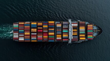 Obraz premium Aerial perspective of a colorful cargo ship gliding smoothly through deep blue ocean waters.