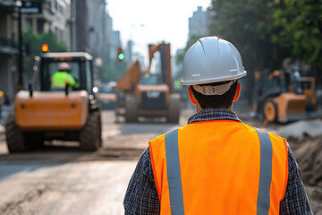 Obraz premium A male supervisor in a hard hat monitors ongoing road construction activities. Concept of workforce management, engineering precision, and public works.