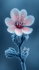 Close-up of a frost-covered delicate pink flower.