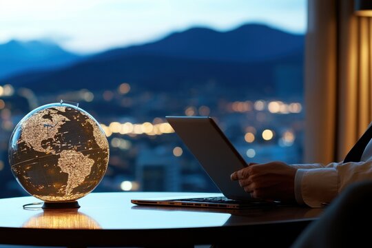 school globe is on the table. A point on the world map. Global network planet Earth. 3D rendering. studying geography at school or college. continents and countries