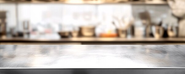 Empty metallic countertop surface with blurred restaurant kitchen background