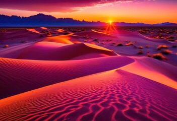 Naklejka premium breathtaking desert sunset vibrant colors dramatic shadow play sand dunes, orange, red, purple, light, clouds, landscape, beauty, scene, evening, scenery