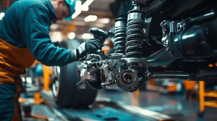 Car mechanic repairing suspension system of a vehicle in a workshop