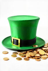 Green leprechaun hat with gold coins on white background