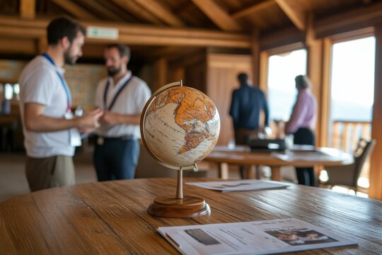 school globe is on the table. A point on the world map. Global network planet Earth. 3D rendering. studying geography at school or college. continents and countries