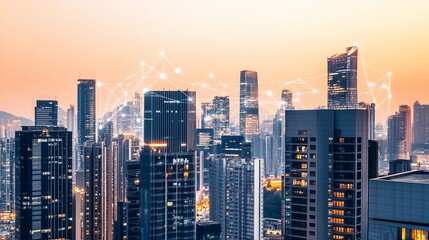 Connected city skyline at sunset.