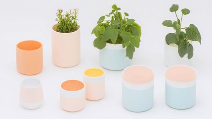 Pastel planters with various herbs and flowers.