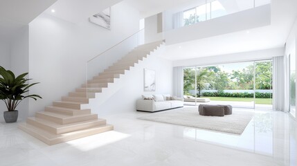 Modern house interior, staircase, living room, garden view, luxury home design