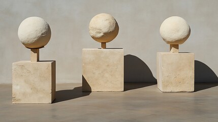 Three beige stone spheres atop cubic bases, outdoors in sunlight.