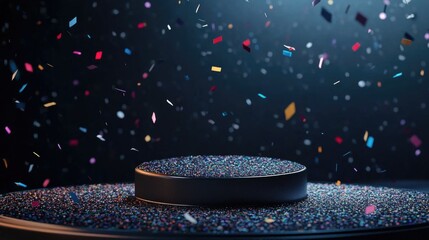 Celebratory Confetti Over Colorful Discs on Black Background