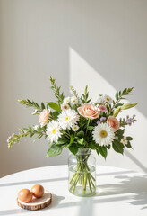 Floral bouquet in glass vase with sunlit eggs on table