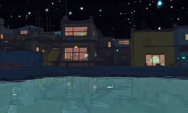 1980s Style Apartment Complex at Night with a Rippling Pool and Falling Stars. Anime Style Cartoon Looping. Animated Background / Wallpaper. VJ / Vtuber / Streamer Backdrop. Seamless Loop.