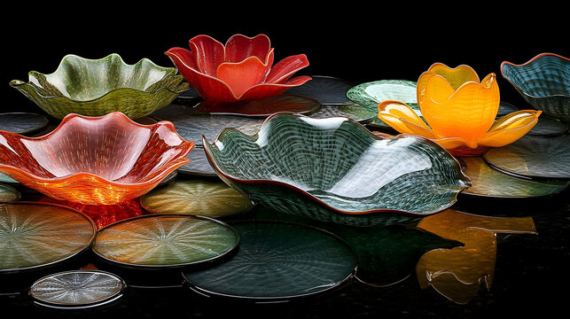 Colorful glass lily pads and flowers art on black background; home decor