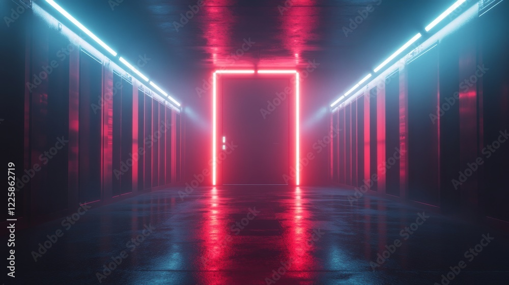 Poster abstract door in tunnel with digital data center light signals. future computer technology concept o