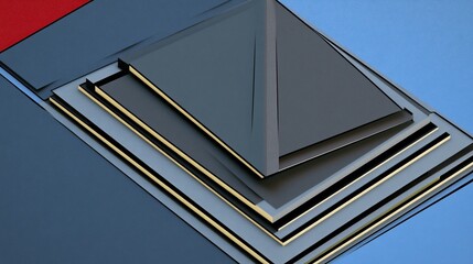 Abstract geometric shapes layered with gold accents on a blue background.