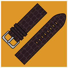 Dark brown crocodile leather watch strap with silver buckle on orange background. Flat design digital illustration. Luxury fashion accessory concept for design and print