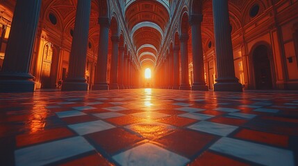 Sunlit cathedral nave with checkered floor.