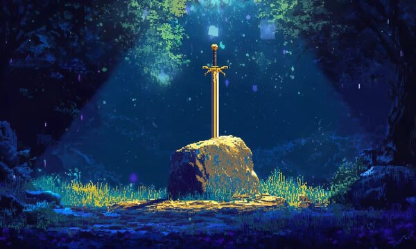 Pixel Art Magic Sword in a Stone in a Magical Forest Clearing, Pixelart Style Cartoon Looping. Animated Background / Wallpaper. VJ / Vtuber / Streamer Backdrop. Seamless Loop.