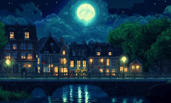 Quaint Pixel Art Town with Rippling River under a Full Moon. Pixelart Style Cartoon Looping. Animated Background / Wallpaper. VJ / Vtuber / Streamer Backdrop. Seamless Loop.