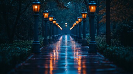 Rain-slicked path with glowing lamps at night.