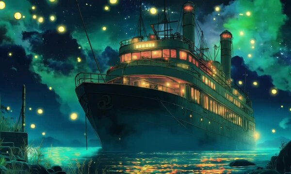 Magical Night Scene of a Steamer Ship with Fireflies under Drifting Coulds. Anime Style Cartoon Looping. Animated Background / Wallpaper. VJ / Vtuber / Streamer Backdrop. Seamless Loop.