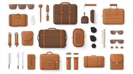 Collection of stylish brown leather accessories including bags, sunglasses, and stationery items