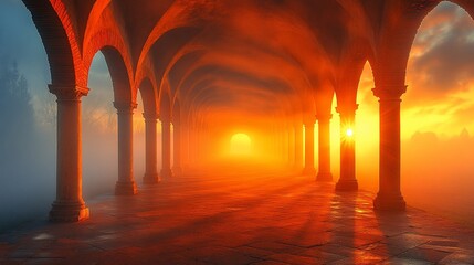 Sunlit arcade at sunrise, misty morning.