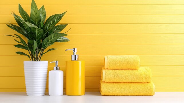 Yellow bathroom decor towels, plant, soap dispensers.  Website or blog use