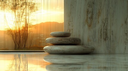Stacked stones at sunset, minimalist zen spa interior.