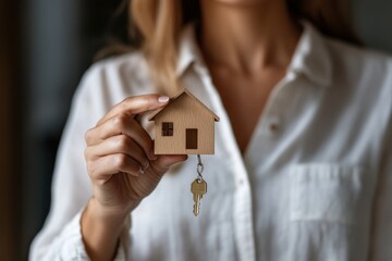 woman holds key in front of the house. layout of House is a small wooden structure with a white roof. buying or selling real estate, realtor, mortgage broker