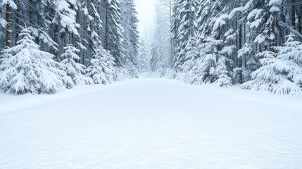 Obraz premium Snow-covered road winds through a dense pine forest during a cold winter day.