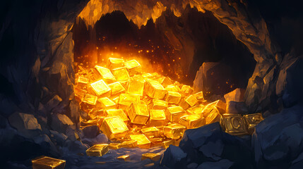 A glowing treasure trove inside a cave, filled with golden blocks and surrounded by rocky walls. Golden Cavern. Illustration