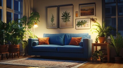Cozy living room with a blue sofa, warm lighting, and indoor plants, featuring a stylish interior design perfect for modern and comfortable living.