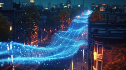 A serene blue holographic wave flowing through the city depicting the ripple effects of accessible healthcare on emotional and psychological wellbeing.