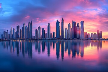 Obraz premium A panoramic view of a city at dusk, with reflective buildings under a colorful sky.
